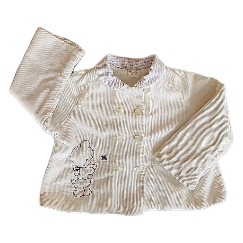 VTG Toddler Girls Cropped Corduroy Jacket Sz 18-24M Ivory Embroidered Lamb‎ READ
